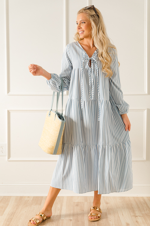 Tie Neck Stripe Midi, Blue