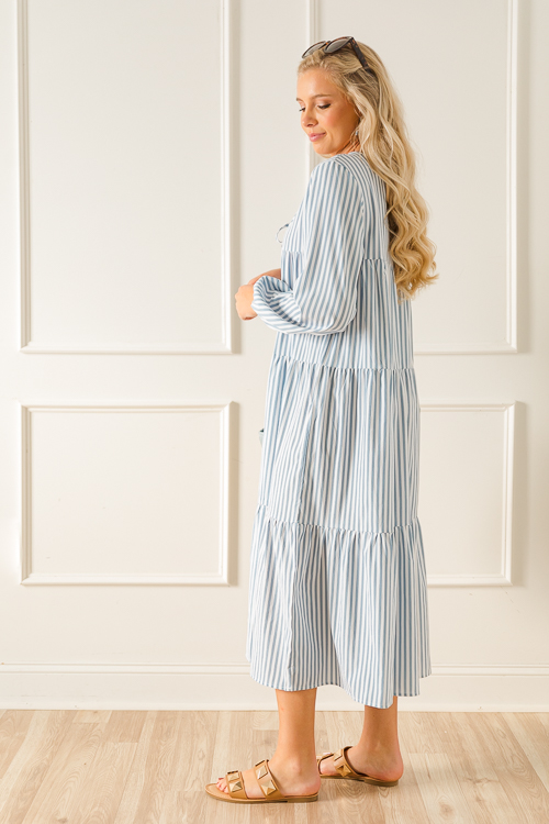 Tie Neck Stripe Midi, Blue