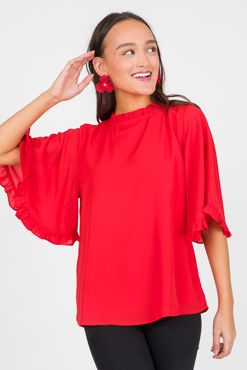 Bell Sleeve Ruffle Blouse, Red