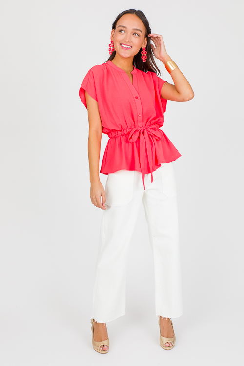 Tie Waist Button Down, Coral