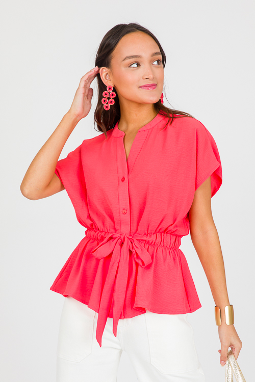 Tie Waist Button Down, Coral