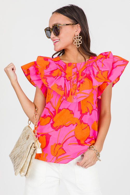 Floral Button Top, Fuchsia Orange