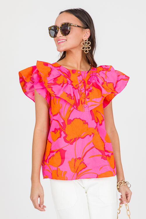 Floral Button Top, Fuchsia Orange