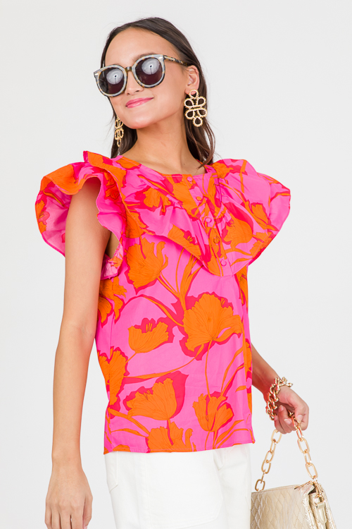 Floral Button Top, Fuchsia Orange