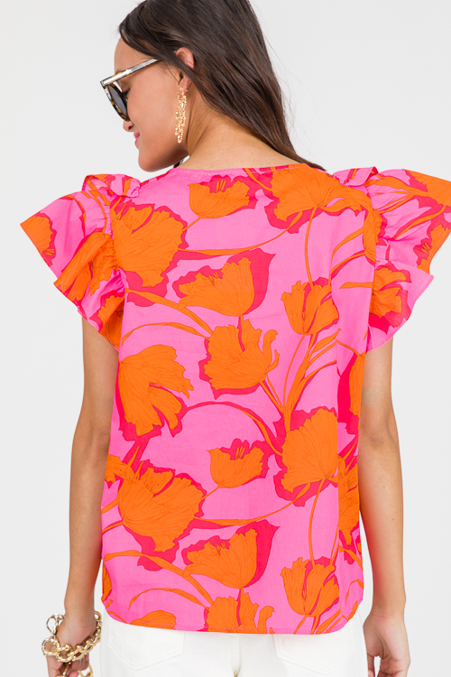 Floral Button Top, Fuchsia Orange