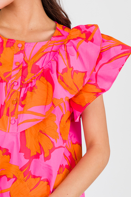 Floral Button Top, Fuchsia Orange