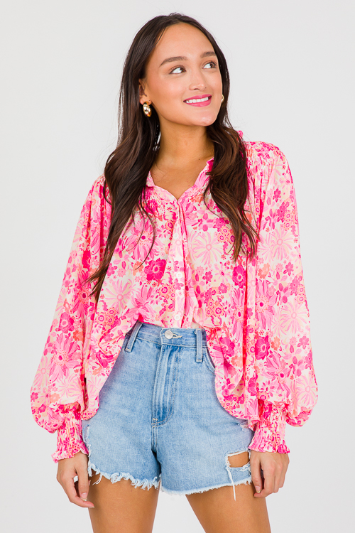 Bright Blooms Button Top, Pink