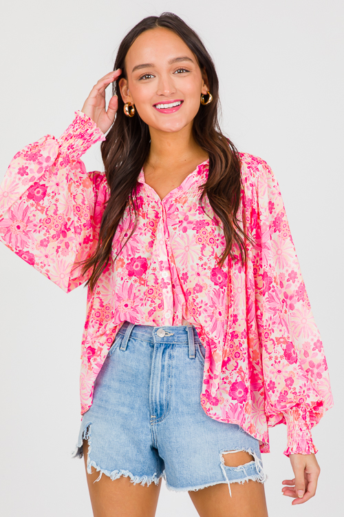 Bright Blooms Button Top, Pink