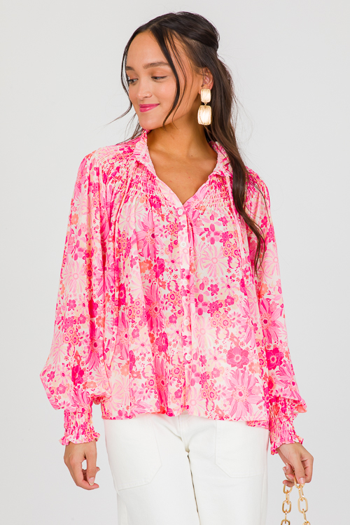 Bright Blooms Button Top, Pink - New Arrivals - The Blue Door Boutique