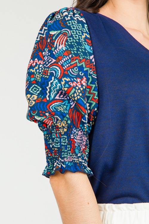 Print Sleeve Knit Top, Navy - New Arrivals - The Blue Door Boutique