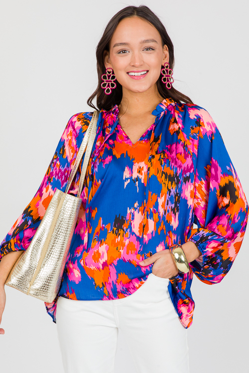 Abstract Satin Blouse, Royal Bl