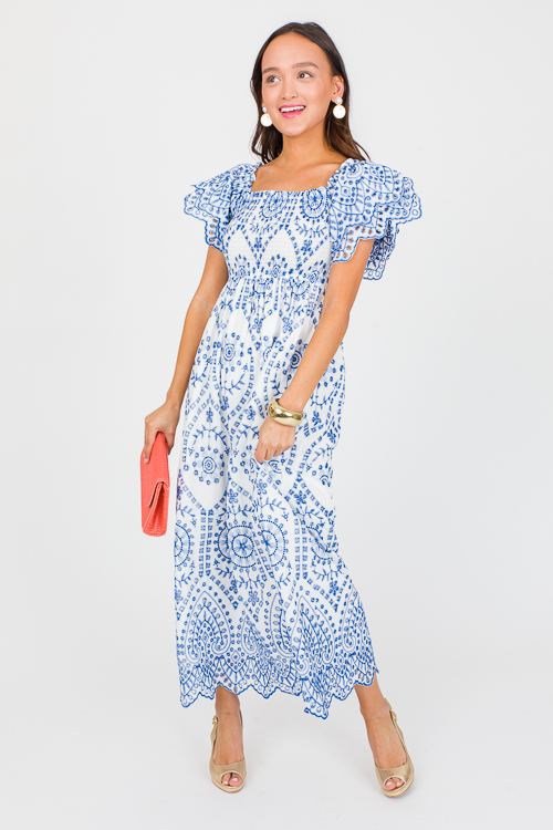 Embroidery Smock Midi, White/Blue