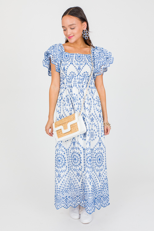 Embroidery Smock Midi, White/Blue