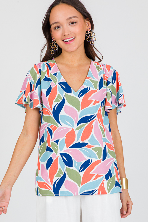 Flutter Sleeve V Blouse, Navy Pink