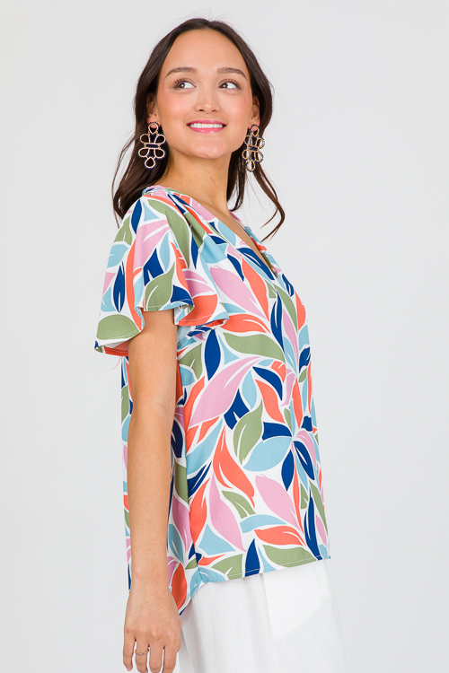 Flutter Sleeve V Blouse, Navy Pink