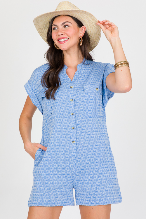 Stitched Button Up Romper, Blue - SALE - The Blue Door Boutique