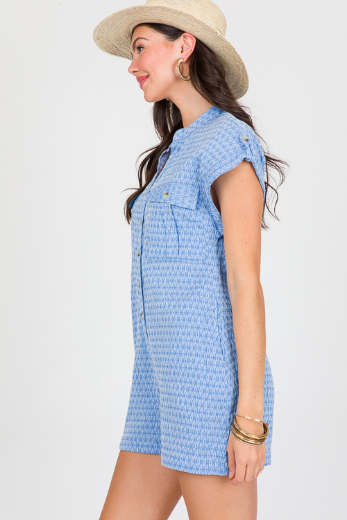 Stitched Button Up Romper, Blue