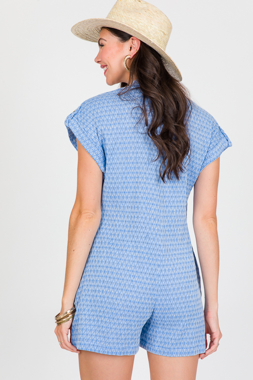 Stitched Button Up Romper, Blue