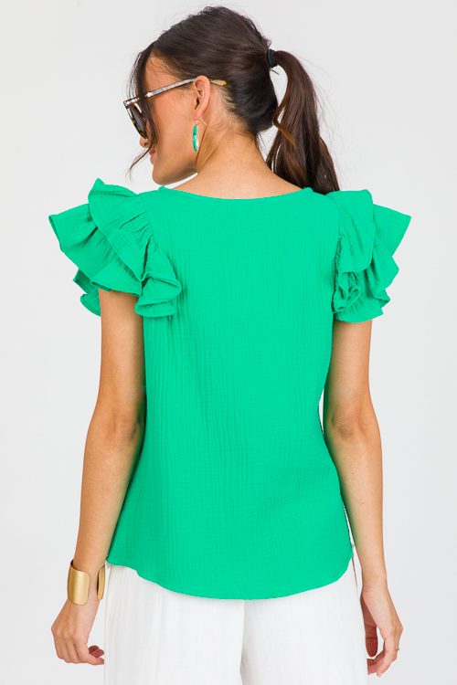 Gauze Ruffles Sleeve Top, Green
