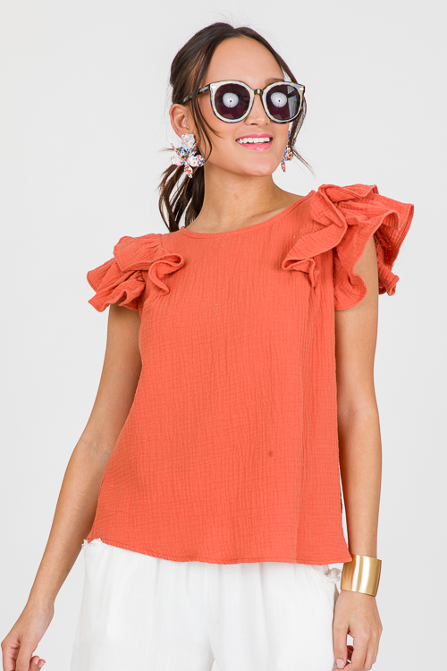 Gauze Ruffles Sleeve Top, Rust
