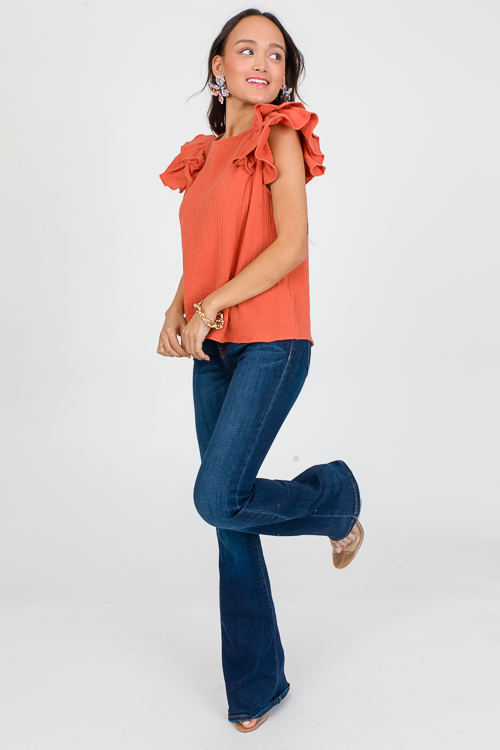 Gauze Ruffles Sleeve Top, Rust