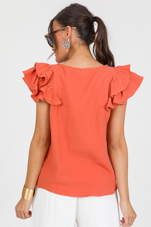 Gauze Ruffles Sleeve Top, Rust