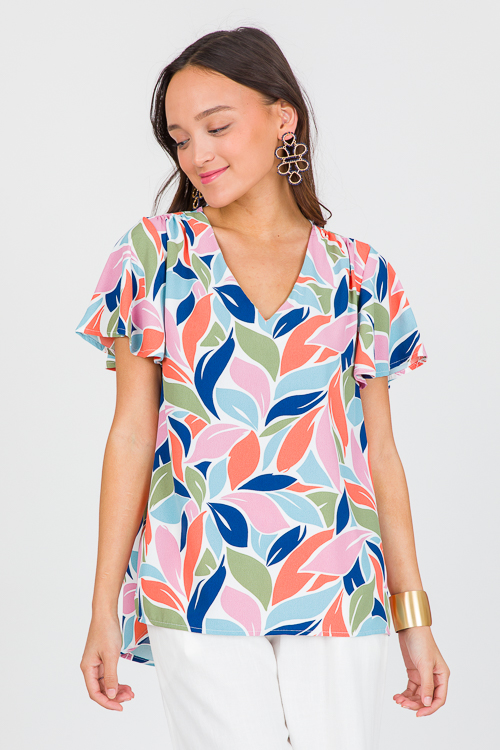 Flutter Sleeve V Blouse, Navy Pink