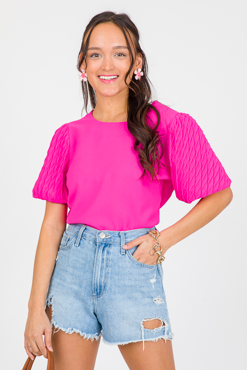 Textured Sleeve Top, Electric Pink
