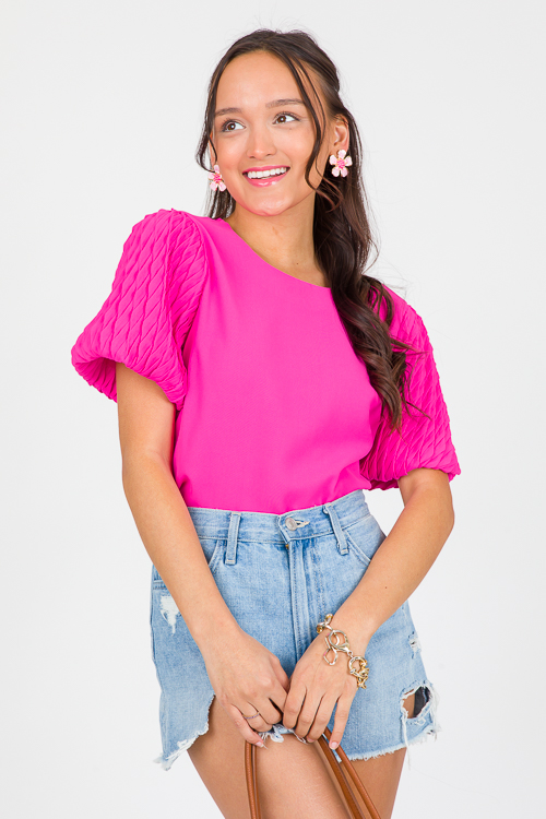 Textured Sleeve Top, Electric Pink
