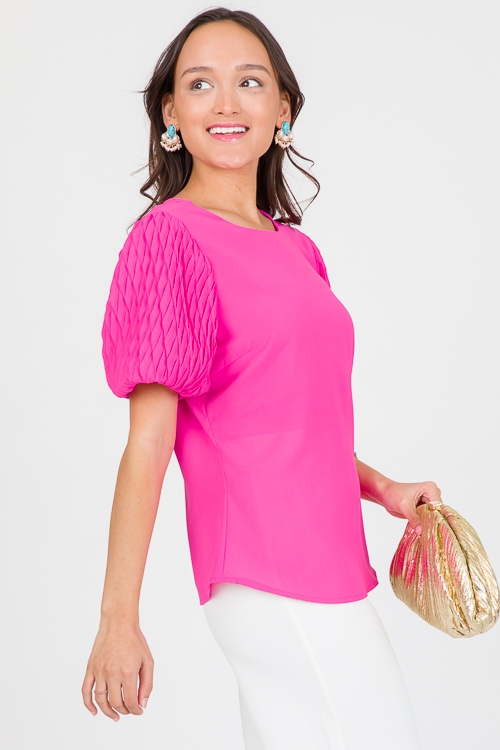 Textured Sleeve Top, Electric Pink