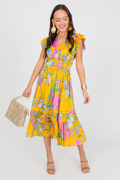 Pleated Floral Midi, Marigold Multi