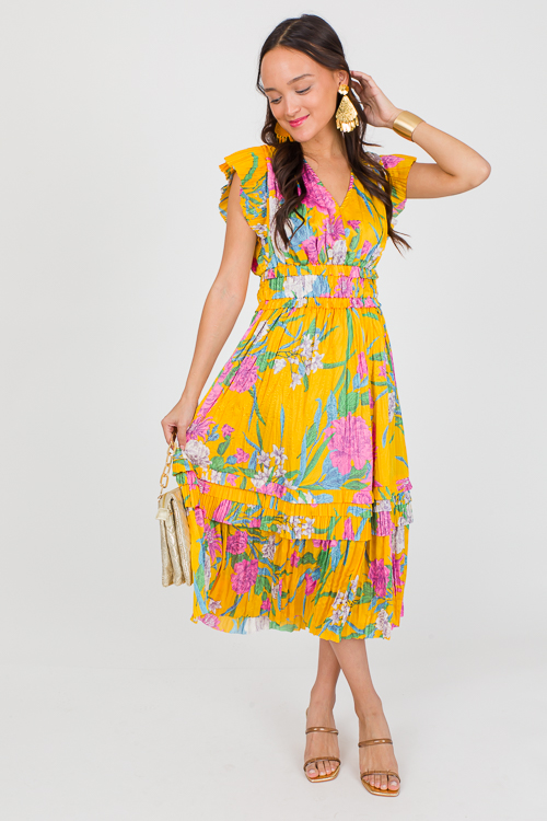 Pleated Floral Midi, Marigold Multi