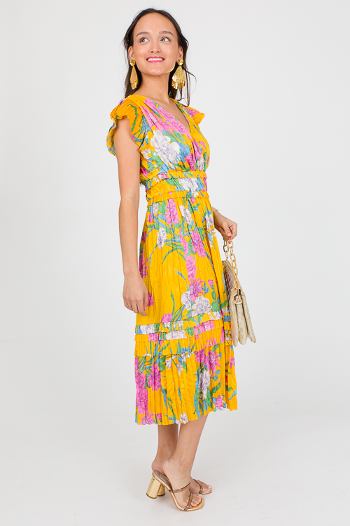 Pleated Floral Midi, Marigold Multi