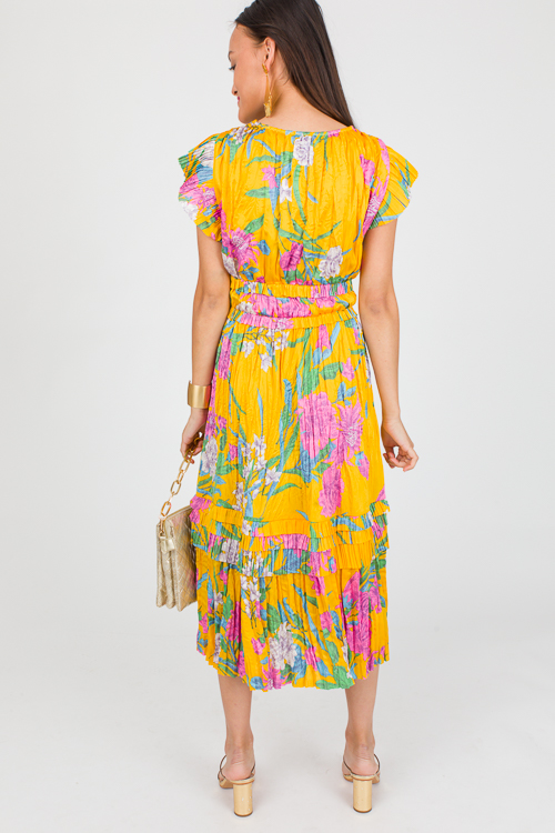 Pleated Floral Midi, Marigold Multi