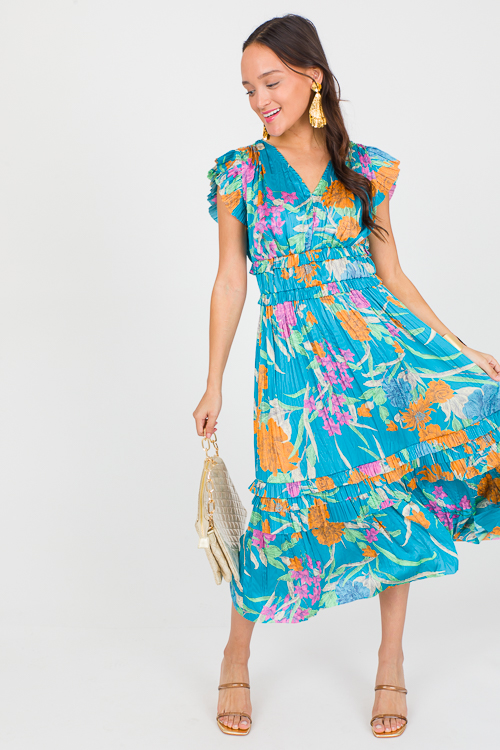 Pleated Floral Midi, Teal Multi