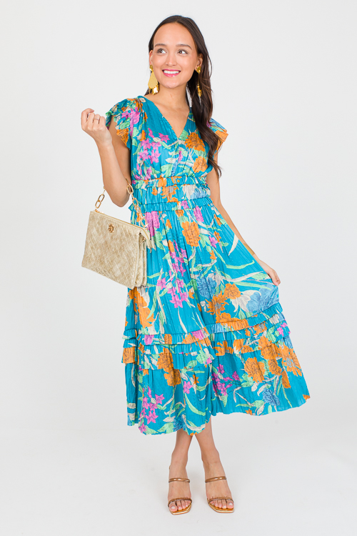 Pleated Floral Midi, Teal Multi