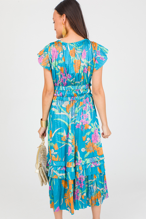 Pleated Floral Midi, Teal Multi