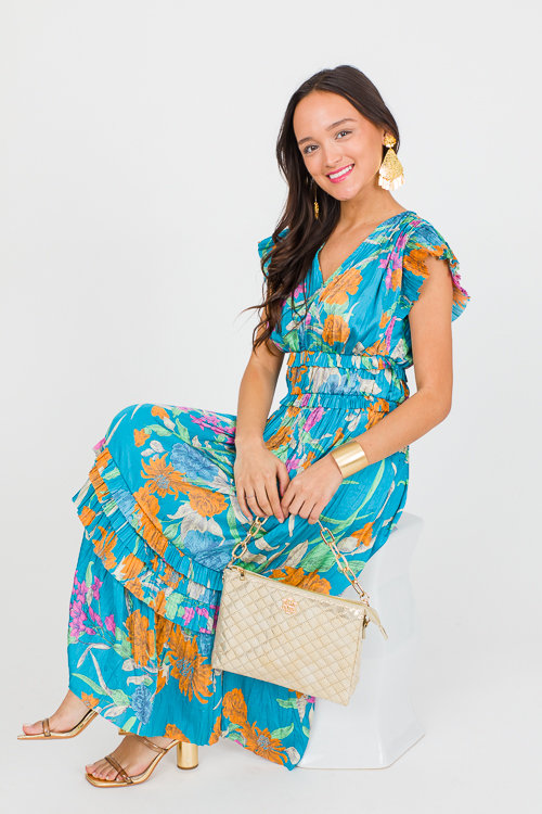 Pleated Floral Midi, Teal Multi