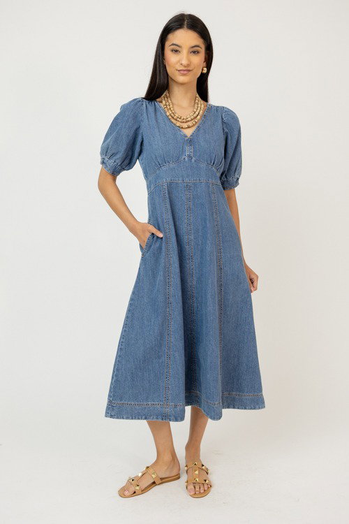 Puff Sleeve Denim Maxi - New Arrivals - The Blue Door Boutique Puff Sleeve Denim Maxi - New Arrivals - The Blue Door Boutique