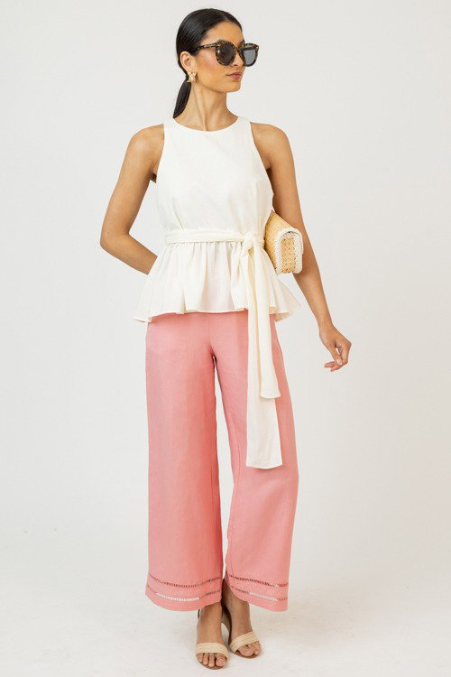 Tie Waist Peplum Tank, Cream - New Arrivals - The Blue Door Boutique