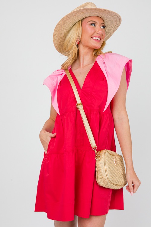 Colorblock Poplin Dress, Red/Pink