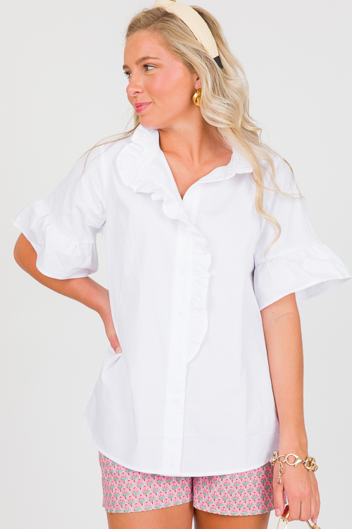 Ruffle Trimmed Button Top, White - New Arrivals - The Blue Door Boutique