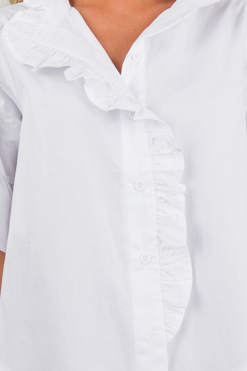 Ruffle Trimmed Button Top, White