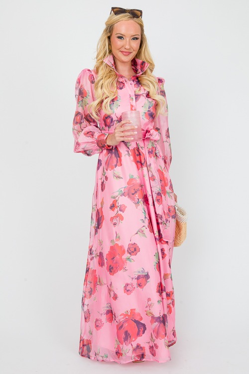 Floral Belted Maxi, Coral/Red