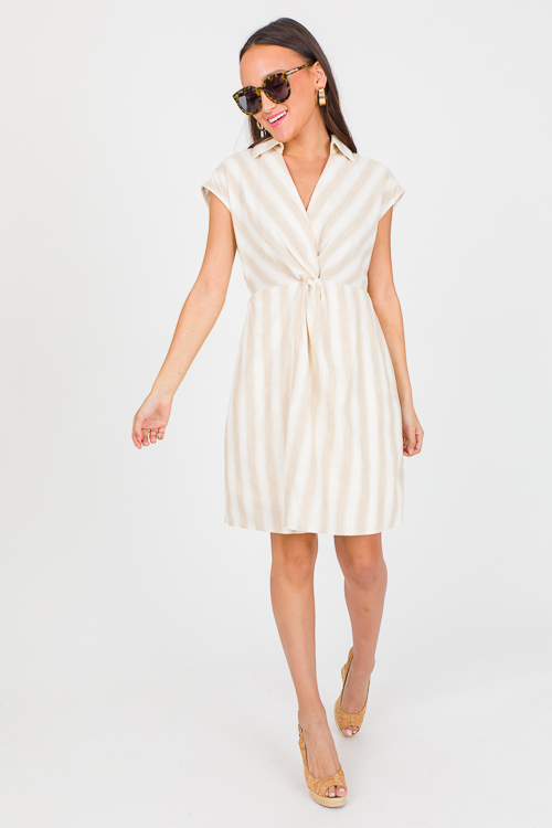 Twist Waist Stripe Dress, Beige