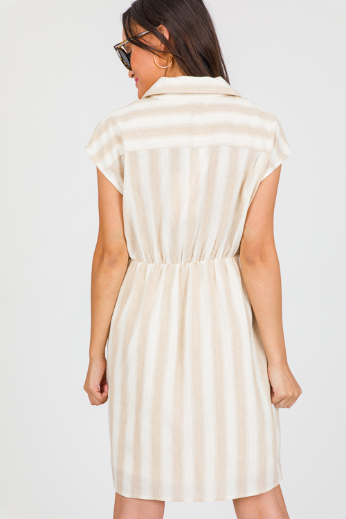 Twist Waist Stripe Dress, Beige