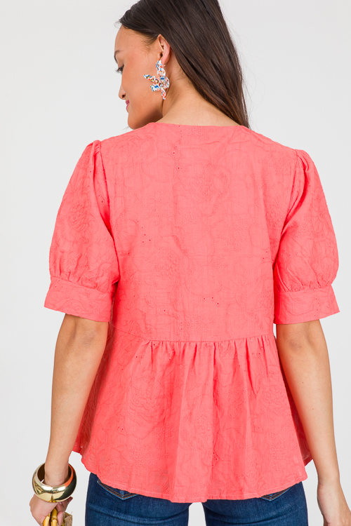 Embroidered Eyelet Top, Coral