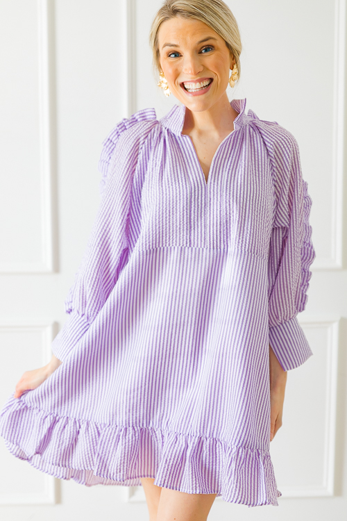 Seersucker Ruffle Dress, Lilac