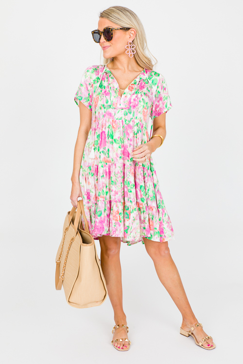 Tassel Tie Dress, Cream Pink Green