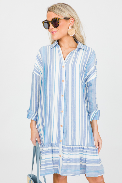 Belted Stripes Shirt Dress, Blue